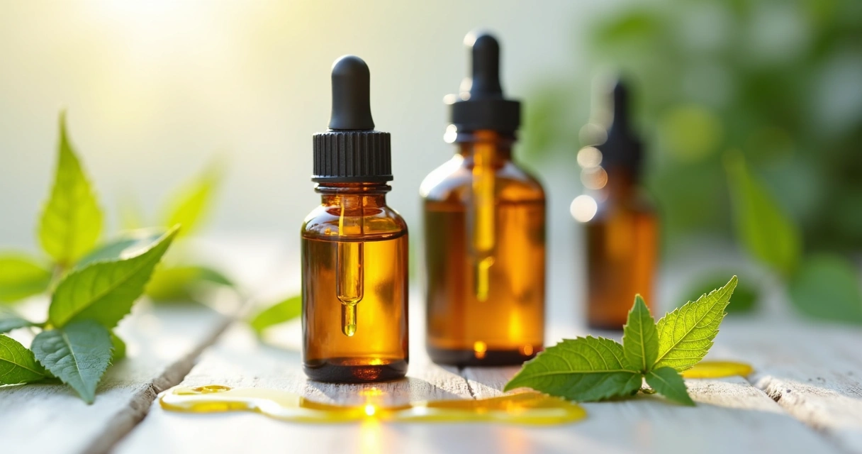 Frascos de vidro âmbar com tampas, gotas de óleo e folhas verdes ao redor. 