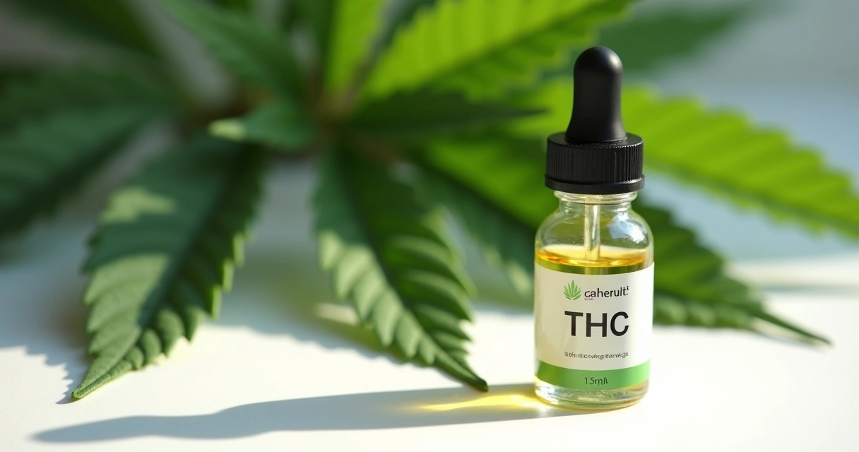 Frasco de óleo medicinal de cannabis THC sobre uma superfície branca 
