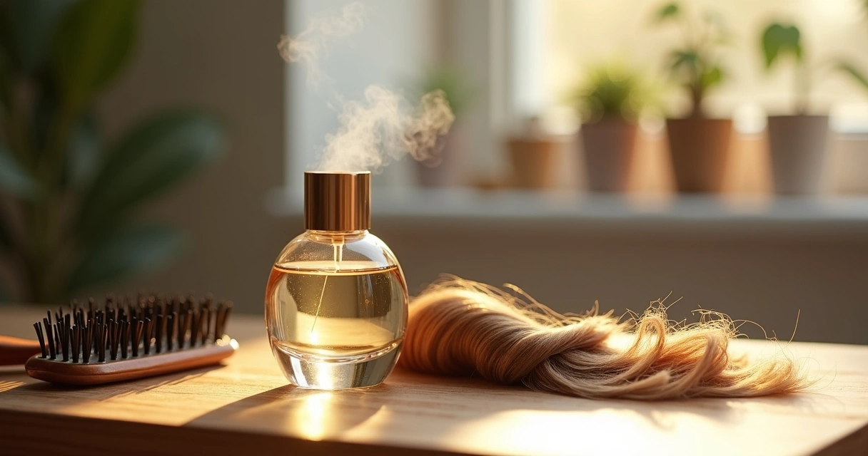 Frasco de perfume capilar sobre mesa de madeira, ao lado de escova de cabelo 