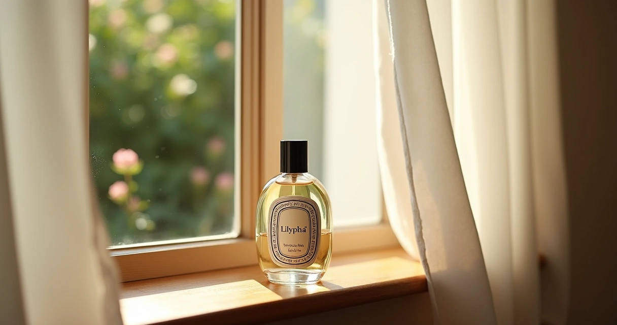 Frasco de Lilyphéa Diptyque em uma janela iluminada