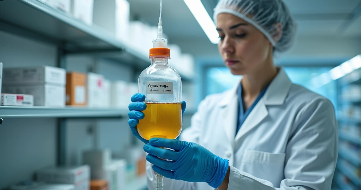 Profissional preparando frasco de quimioterapia em ambiente controlado 