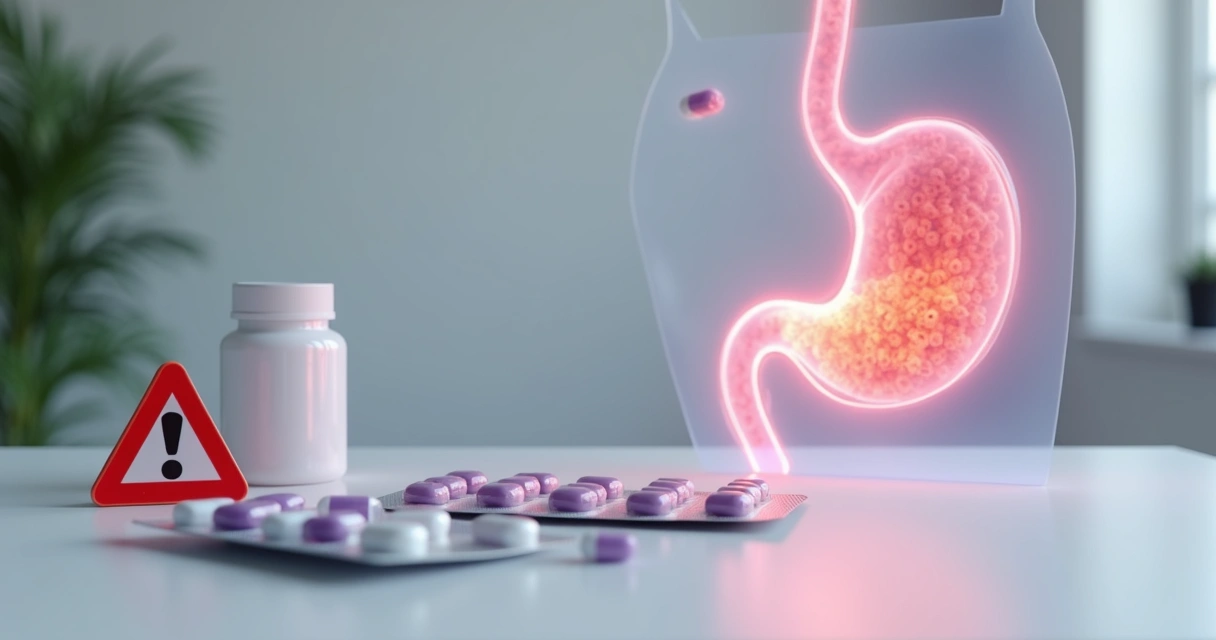 Frasco de remédio genérico próximo a holograma de estômago inflamado 