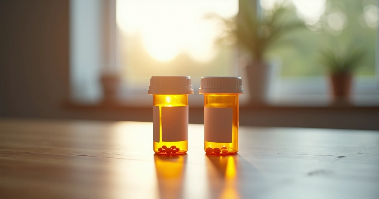 Frascos de medicamentos lado a lado em mesa de madeira 