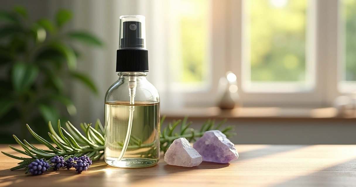 Frasco de spray energético com ramos de alecrim e lavanda ao lado 