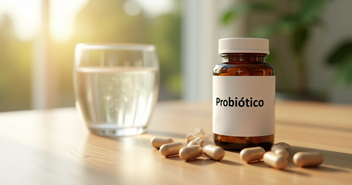 Frasco de suplemento probiótico com cápsulas na mesa. 