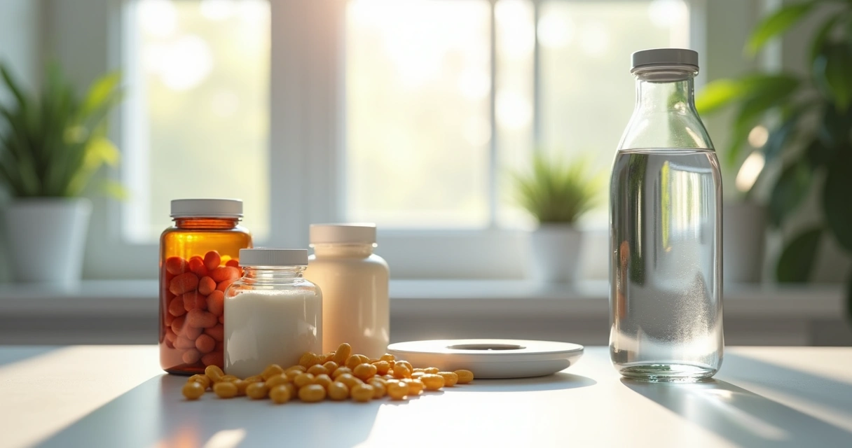 Frascos de suplementos ao lado de uma garrafa de água 