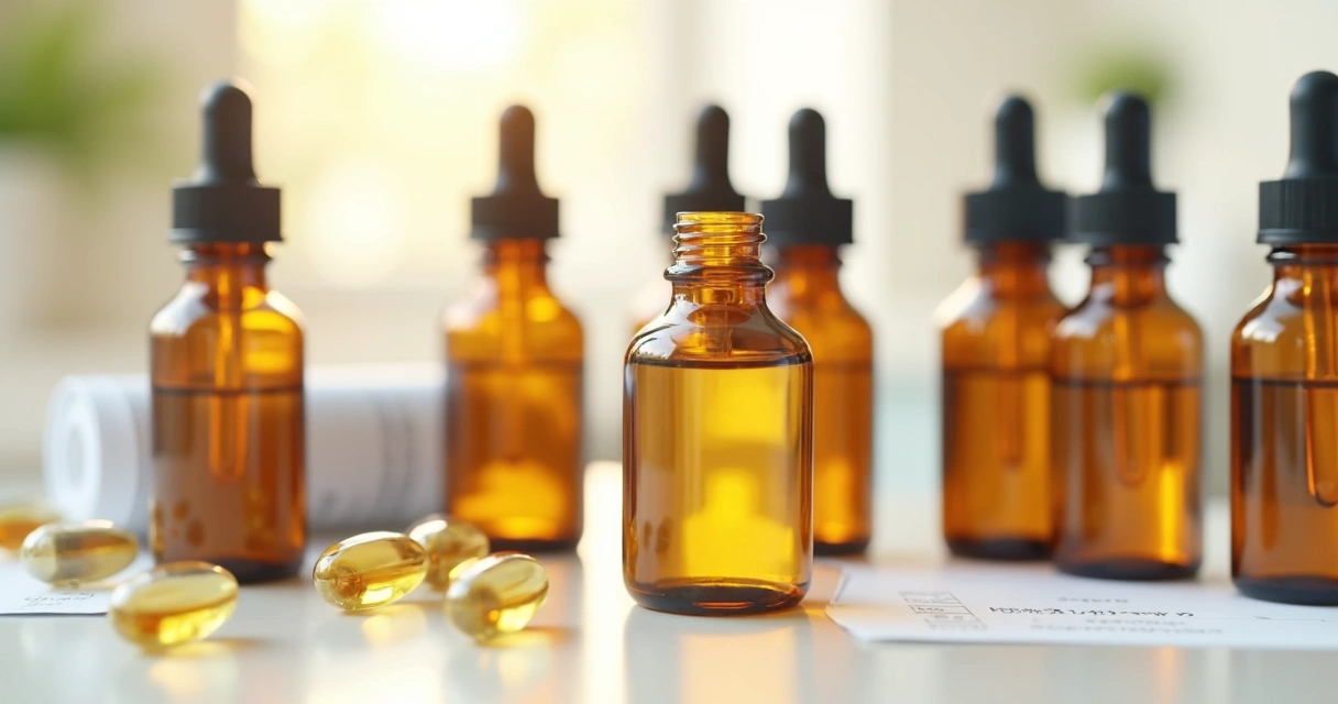 Frascos âmbar com gotas vitamínicas ao lado de cápsulas 