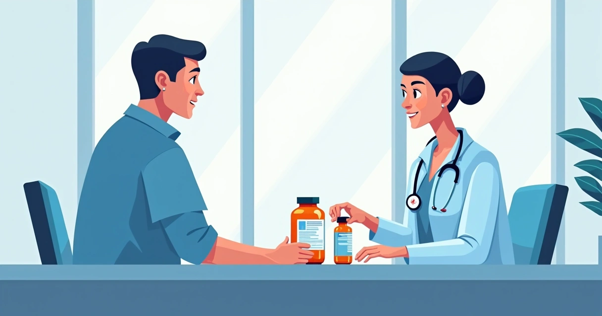 Uso de terapia oral em vez de intravenosa na bacteremia por S. aureus 3 Médico e paciente examinando frascos de antibióticos, via oral e intravenosa