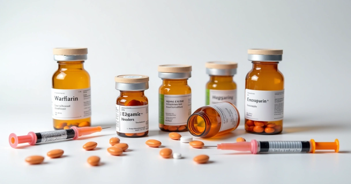 Frascos de anticoagulantes e comprimidos sobre uma superfície branca 