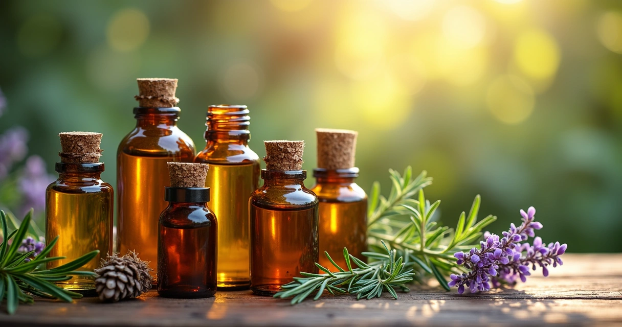 Vários frascos com óleos aromáticos e plantas diversas espalhados em mesa de madeira, luz suave ao fundo 