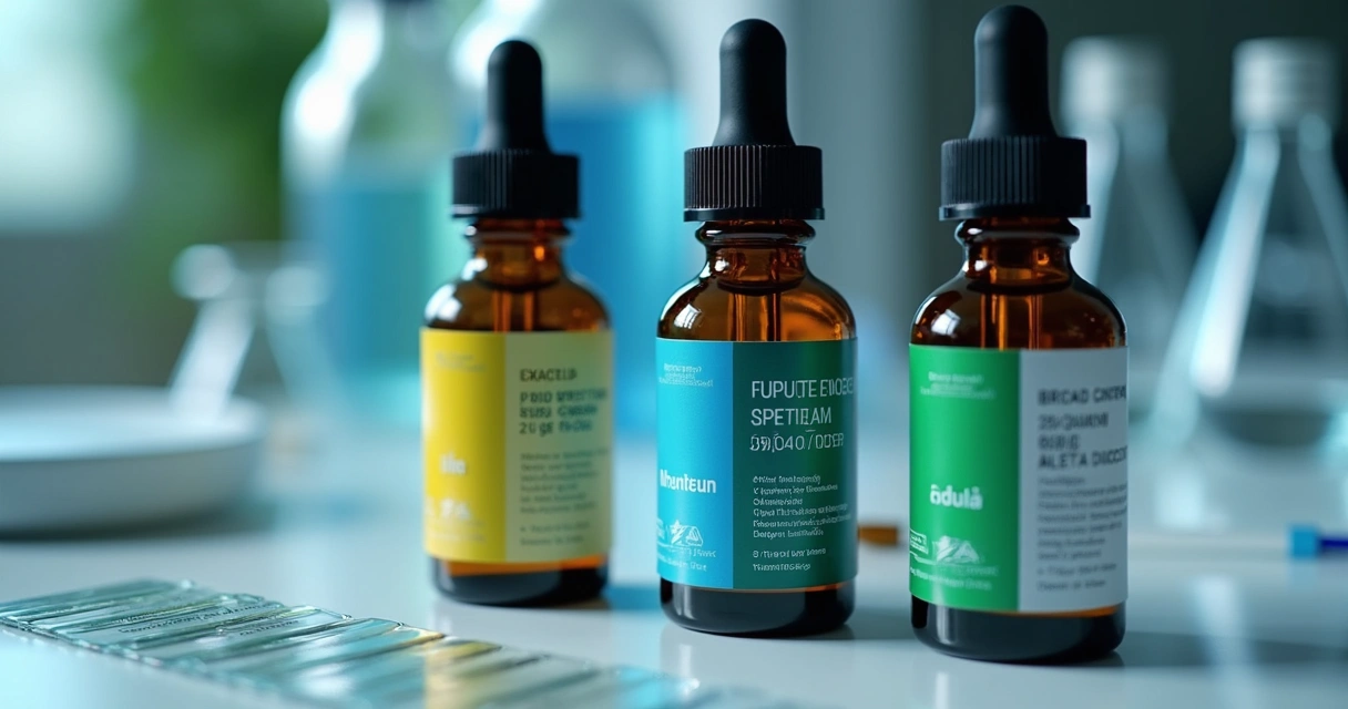 Três frascos com extratos de cannabis de diferentes formulações sobre mesa de laboratório 