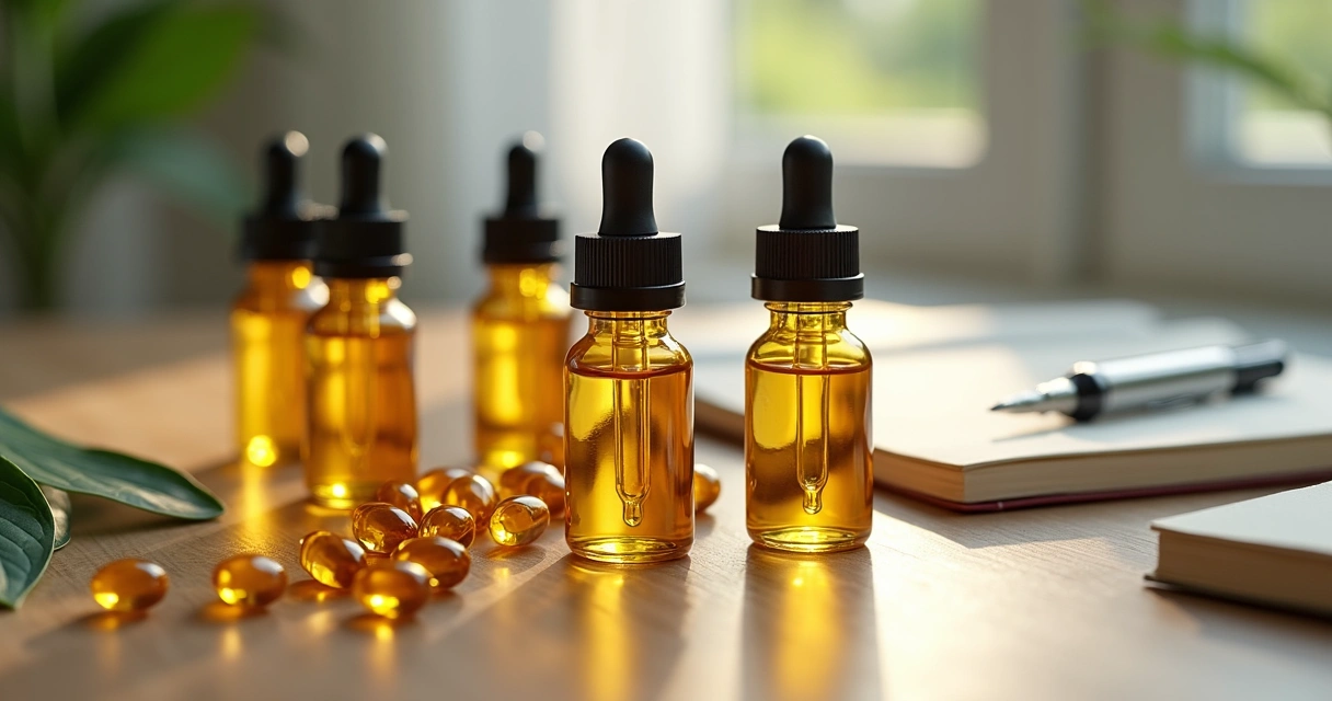 Óleos e cápsulas de CBD organizados sobre mesa. Esse é o canabidiol que pode ajudar na fibromialgia 