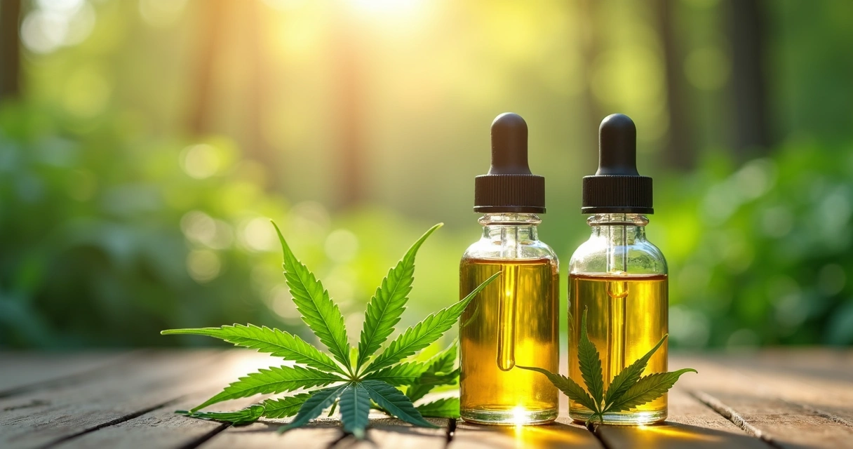 Frascos de óleo de CBD ao lado de folhas de cannabis 
