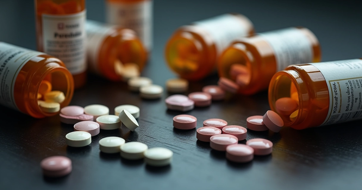 Comprimidos e frascos de medicamento sobre mesa escura 