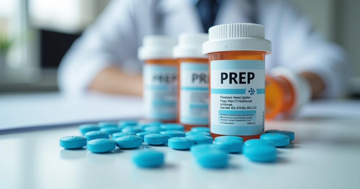 Frascos de PrEP e comprimidos sobre mesa