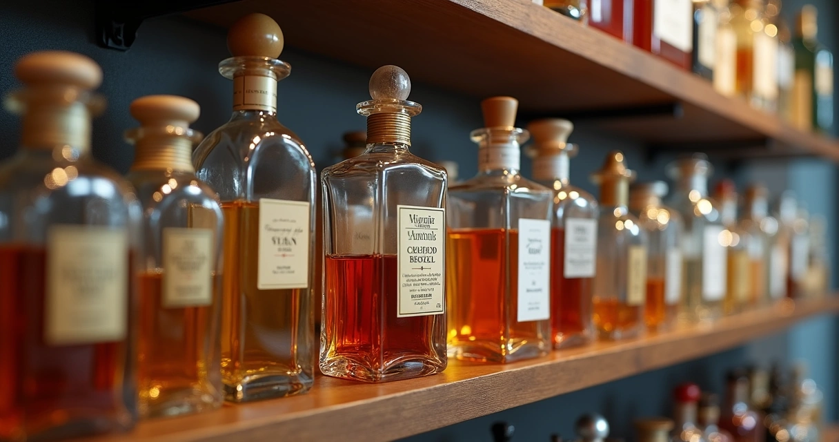 Diversos frascos de perfumes importados organizados em uma prateleira