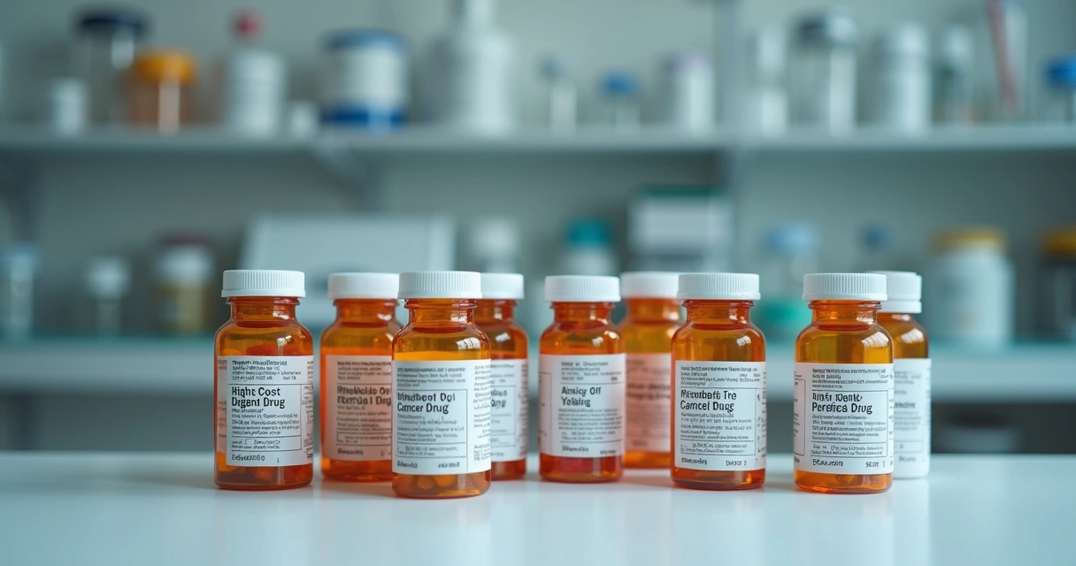 Vários frascos de medicamentos com etiquetas de preços elevados 