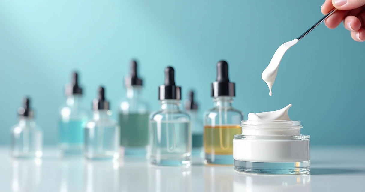 Frascos de cosméticos, creme manipulado e seringa sobre bancada branca