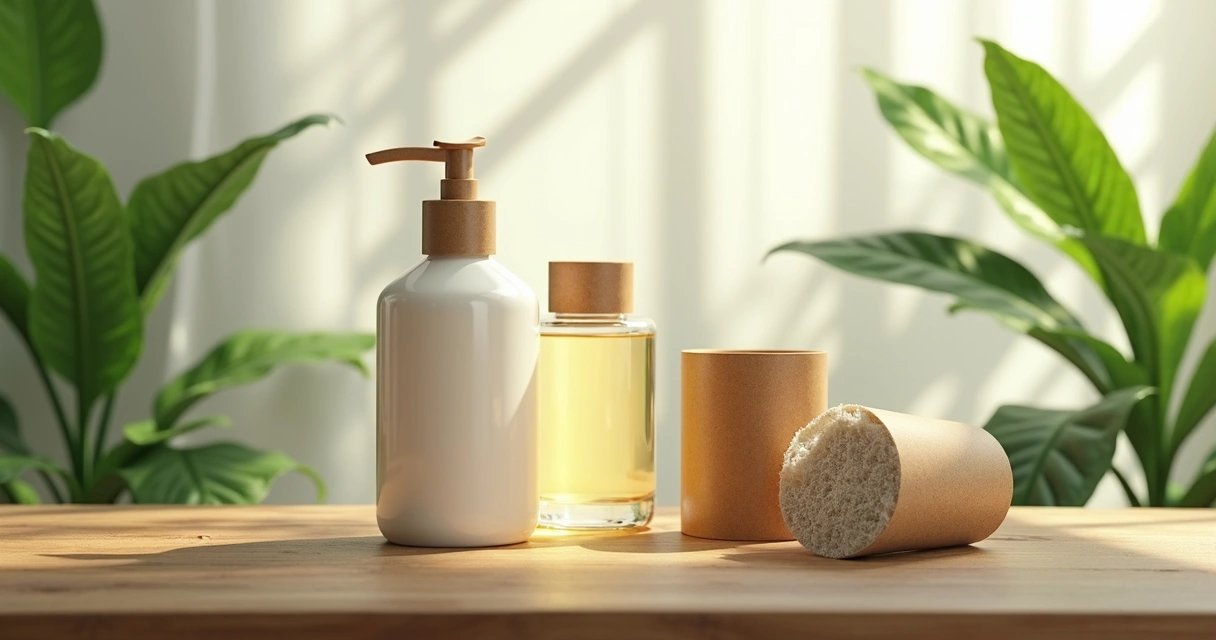 Embalagens ecológicas de shampoo e condicionador alinhadas em superfícies de madeira 