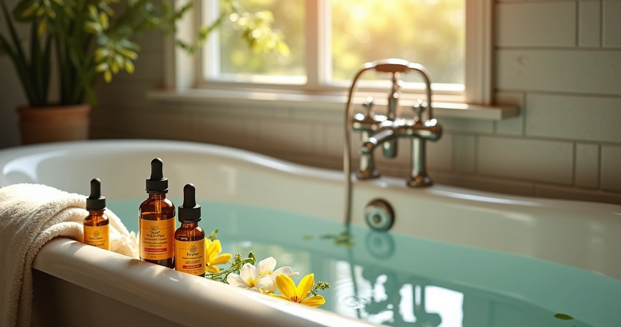 Frascos de florais e flores em uma banheira