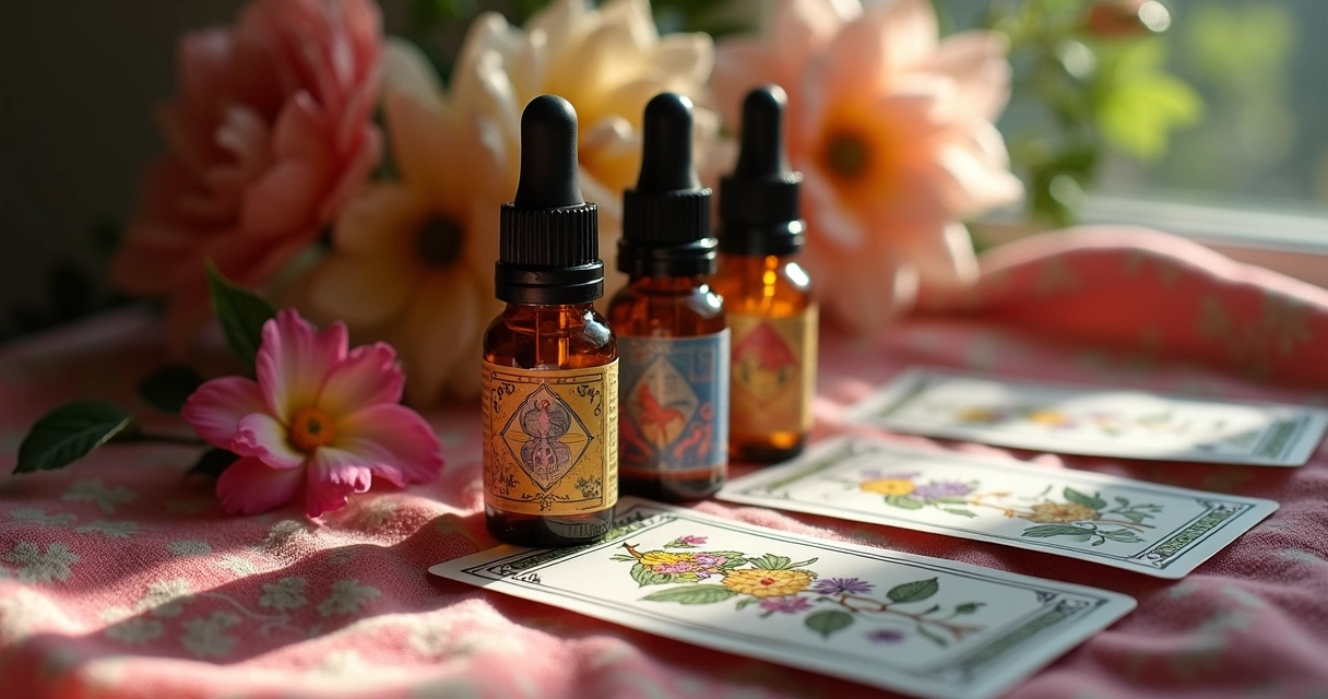 Frascos de florais ao lado de cartas de tarô sobre uma toalha colorida 