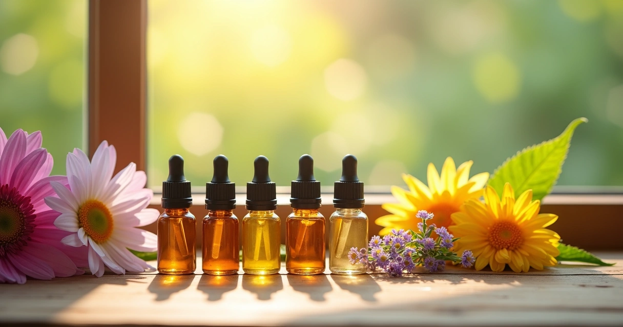 Vários frascos de florais organizados ao lado de flores coloridas 