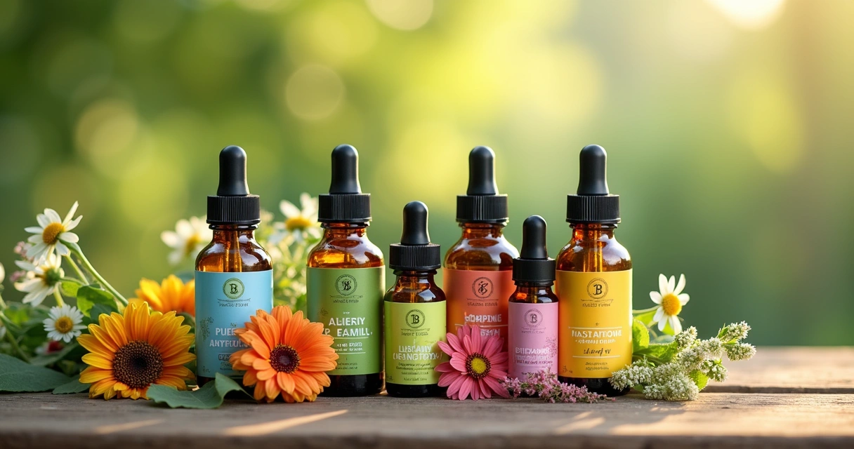 Frascos de flores de Bach com flores silvestres ao redor sobre mesa de madeira