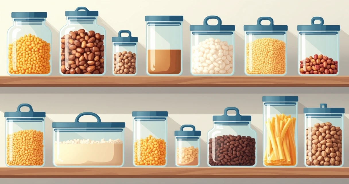 Potes herméticos transparentes com alimentos organizados em prateleiras 