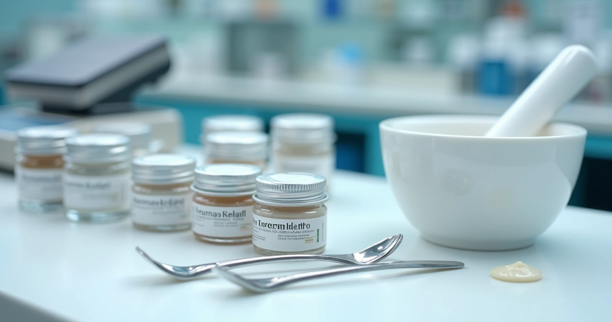 Frascos e utensílios de laboratório para manipulação dermatológica