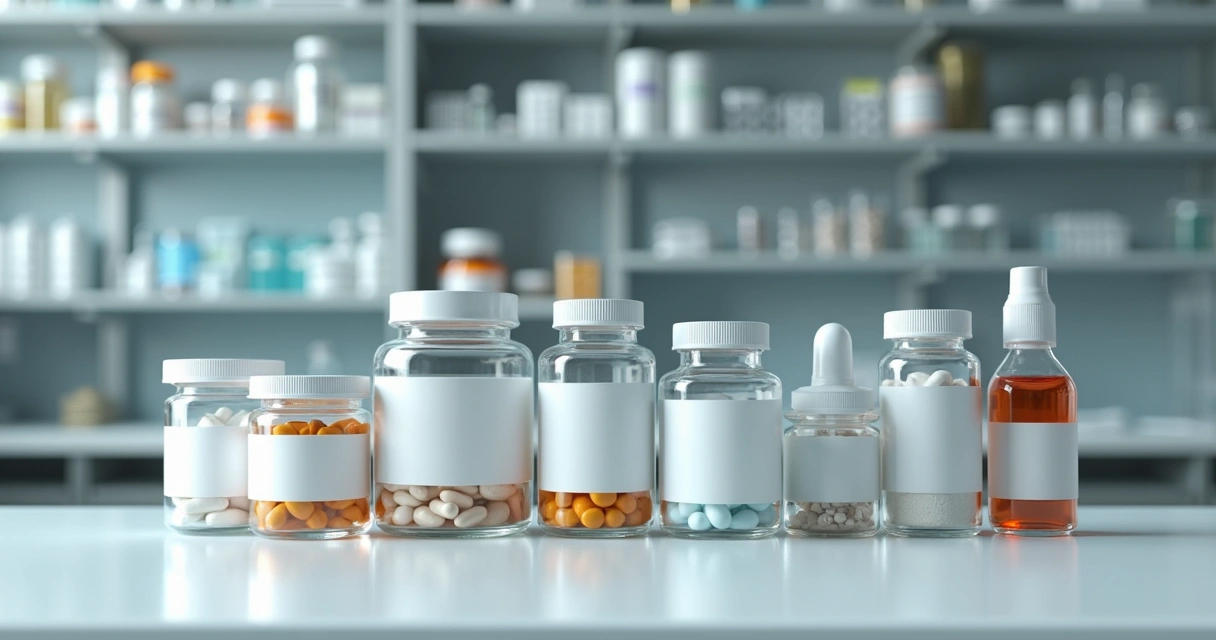 Frascos de medicamentos manipulados em bancada de farmácia