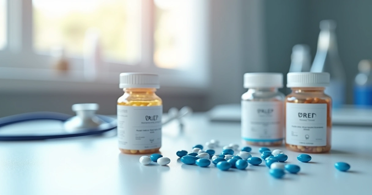 Frascos de medicamento PrEP e comprimidos sobre mesa branca de exame