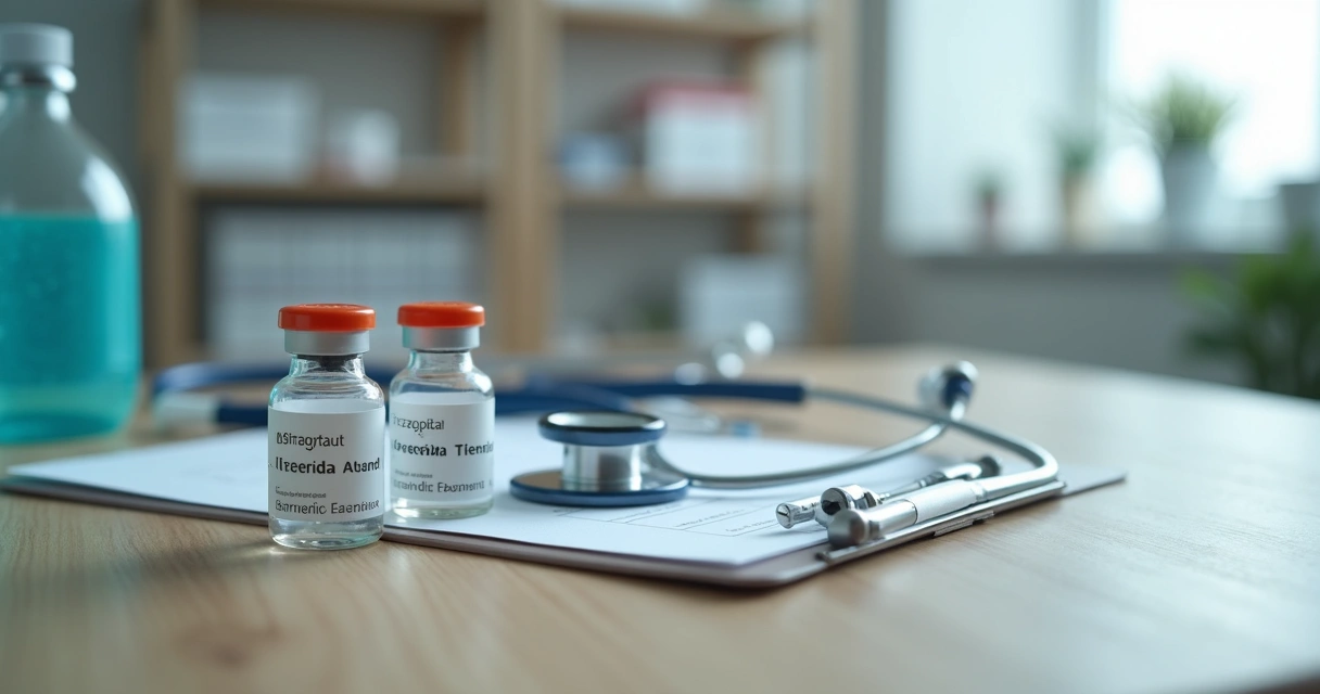 Frascos de medicamento injetável sobre mesa de consulta. 