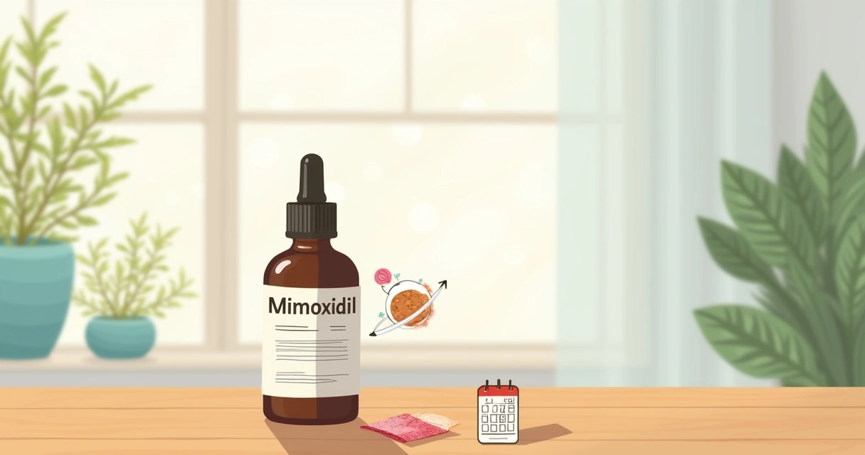 Frasco de minoxidil sobre mesa com elementos representando efeitos colaterais e cuidados reforçados, como calendário e bloco de notas.