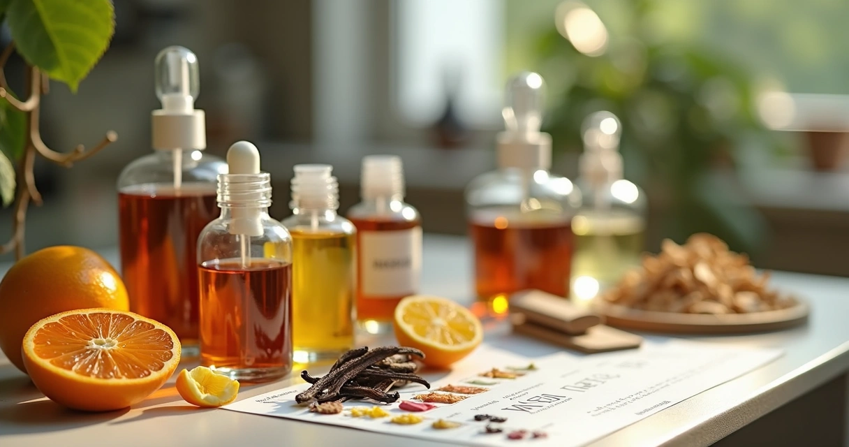 Frascos de perfume com matérias-primas aromáticas em bancada 