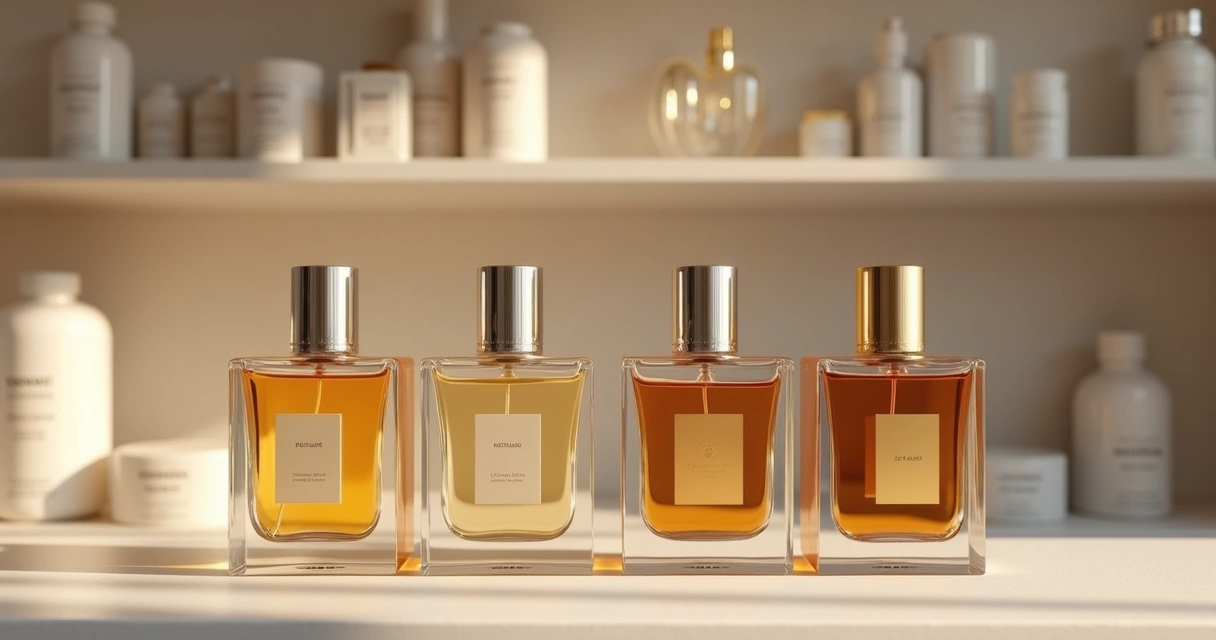 Frascos elegantes de perfume personalizado em prateleira 