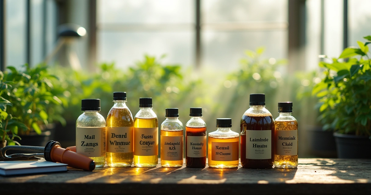 Frascos de produtos biológicos em bancada de estufa agrícola 