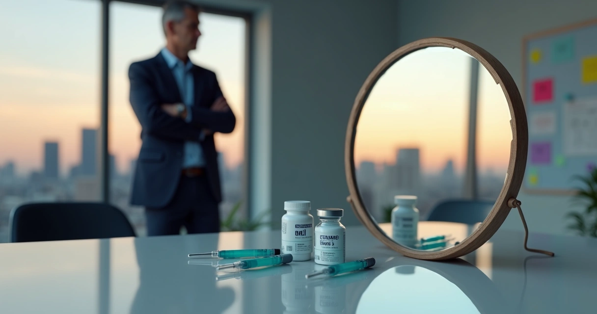 Executivo observando reflexo formado por frascos de remédios e ícones de gestão empresarial 