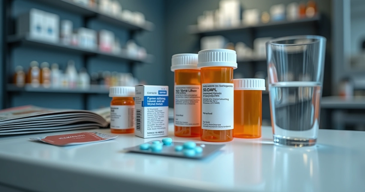 Frascos de remédio sobre uma mesa de madeira ao lado de um copo d'água.