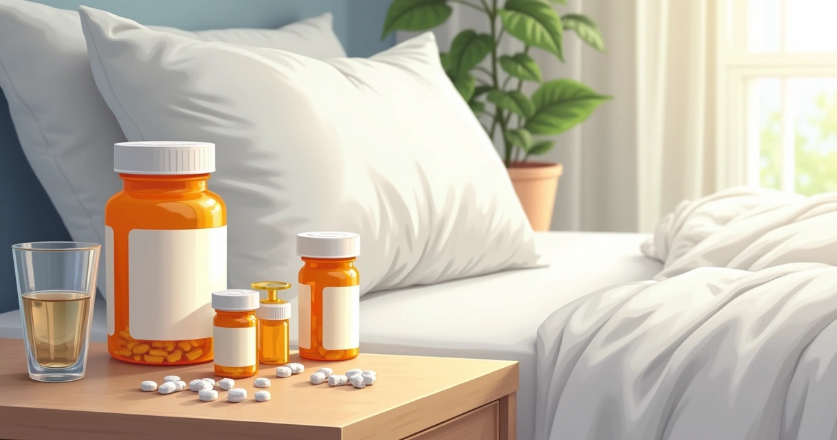 Diversos frascos de medicamentos e pílulas em mesinha de cabeceira 