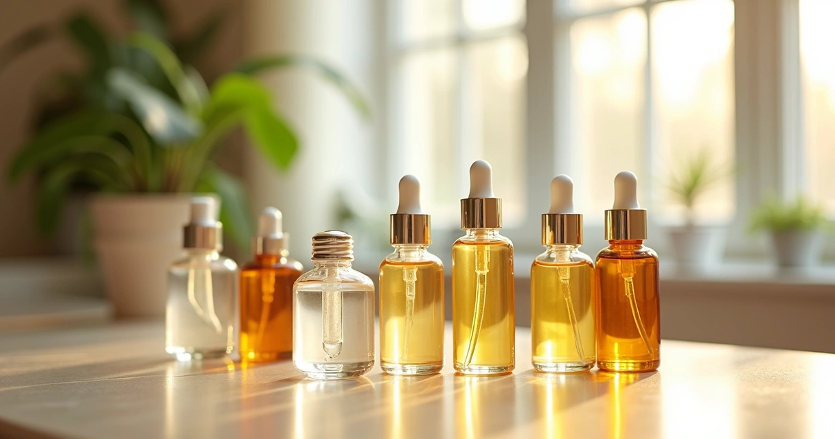 Séruns em frascos transparentes sobre bancada elegante 
