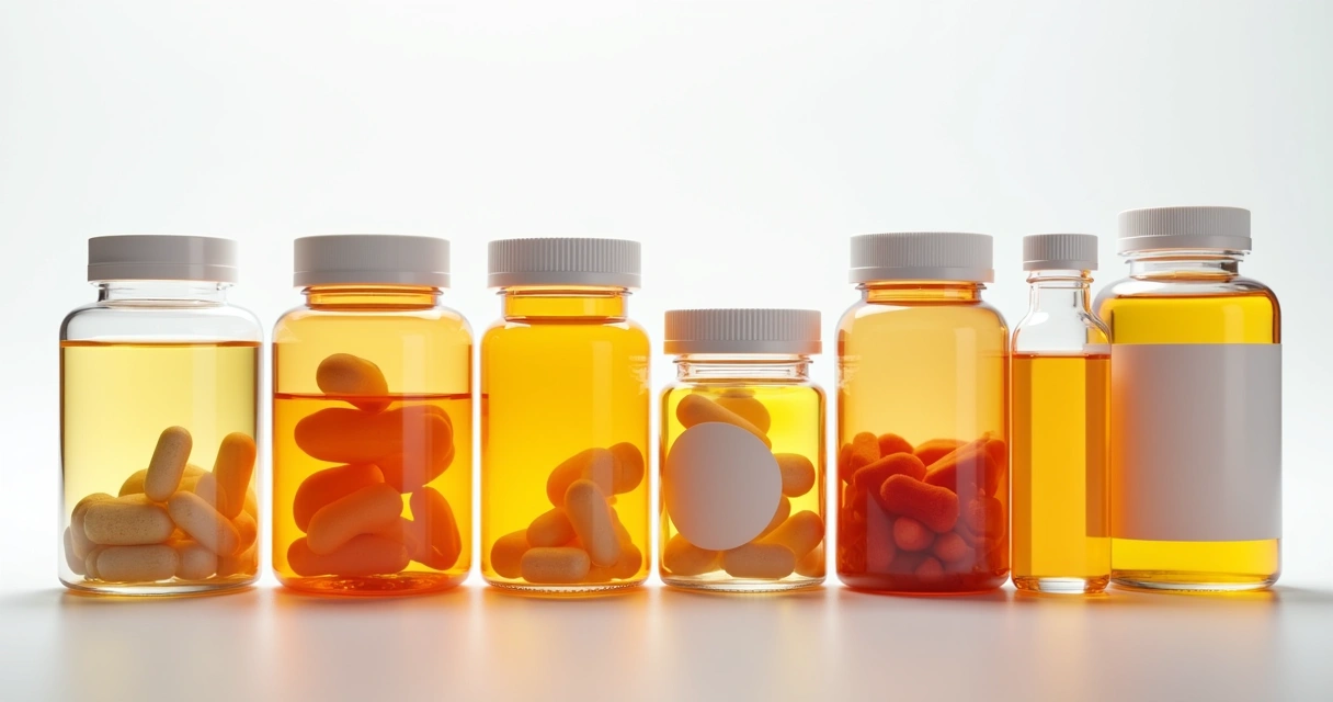 Diversos frascos de suplementos de diferentes cores e tamanhos em fundo neutro