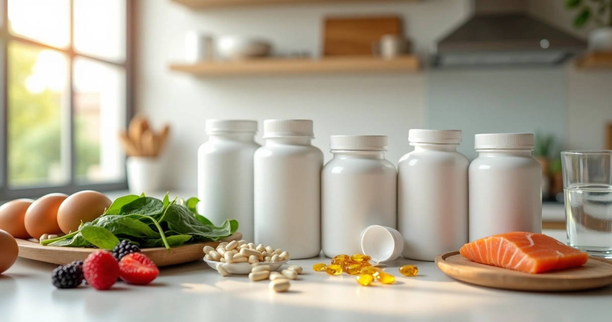 Frascos de suplementos e alimentos em bancada de cozinha 