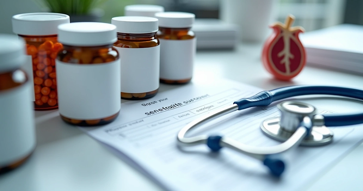 Frascos de suplementos ao lado de estetoscópio e bloco médico 