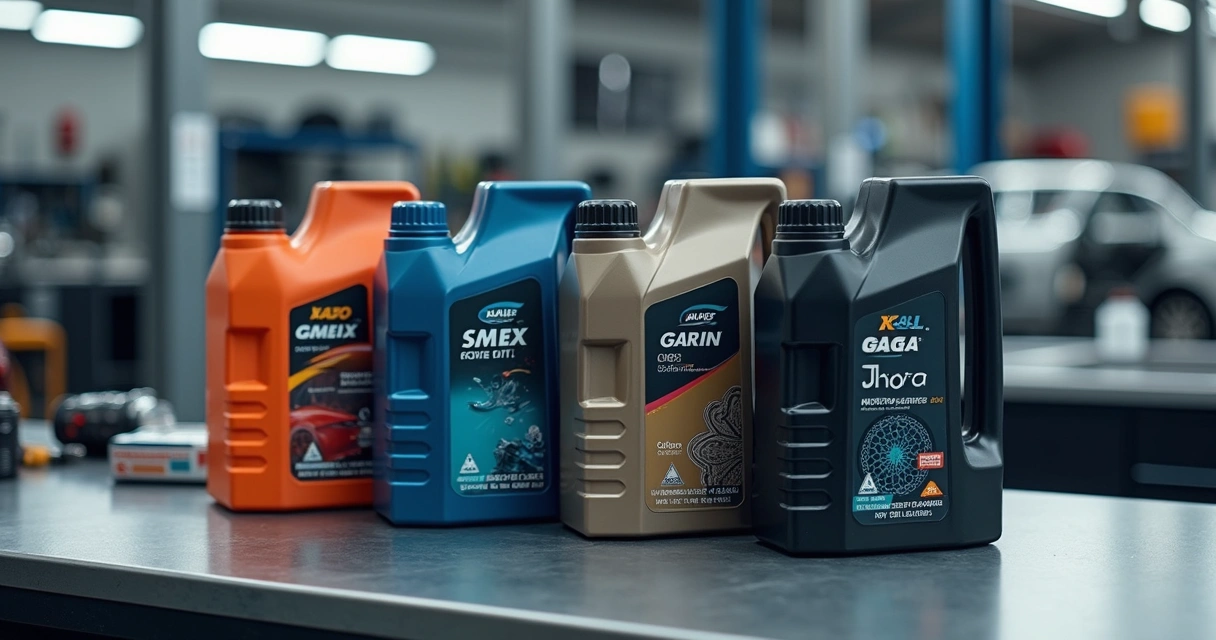 Frascos de tipos de óleo de motor diferentes em bancada de oficina 