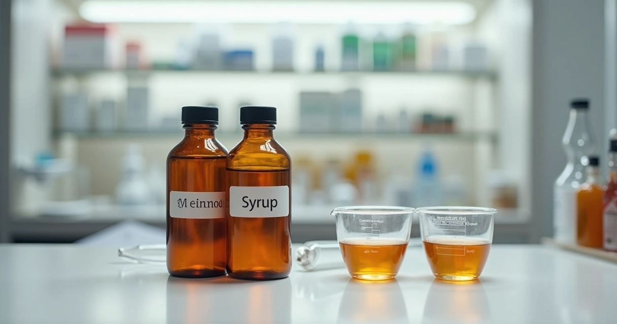 Frascos de xaropes manipulados em bancada farmacêutica