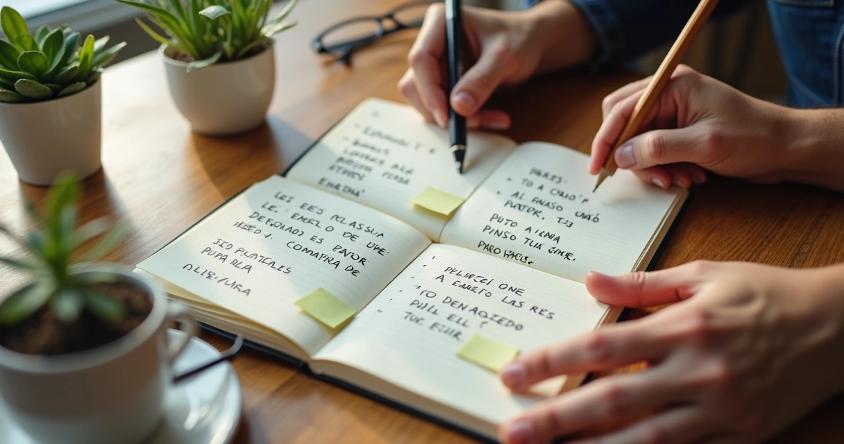Cuaderno con frases familiares escritas y manos señalando notas