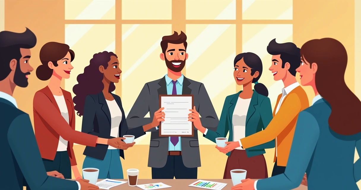 Ilustração de várias mãos entregando juntos uma placa de homenagem a um colaborador 