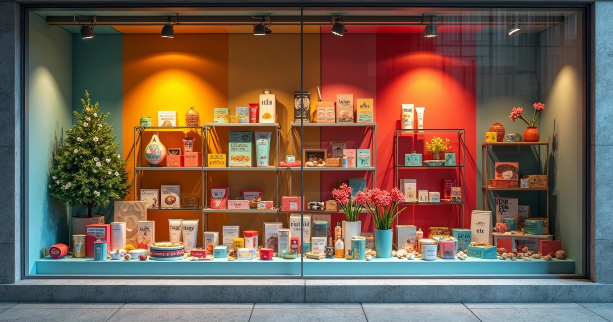 Vitrine colorida com produtos de diferentes segmentos de pequenas empresas 