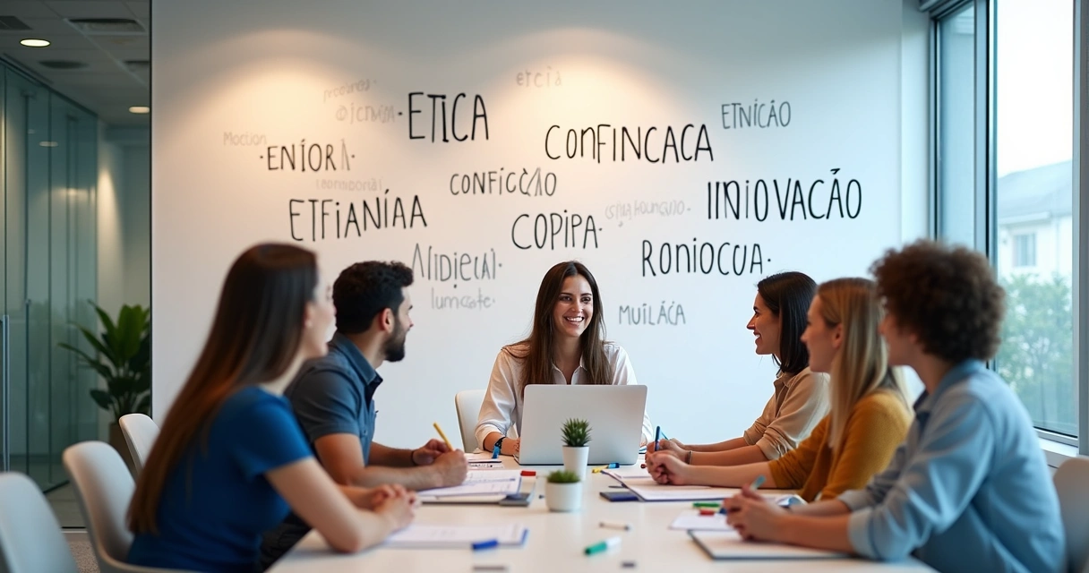Frases de valores em uma parede branca durante reunião de equipe 