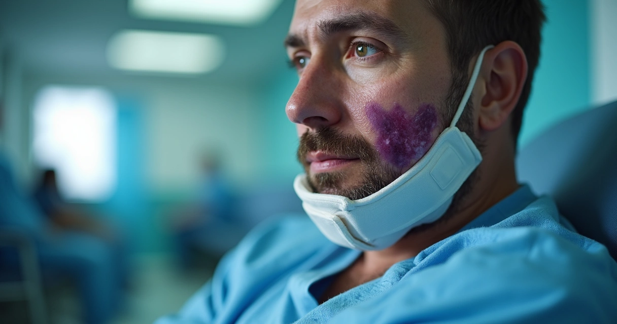 Homem com faixa de imobilização no queixo, hematoma roxo e inchaço, hospital ao fundo 